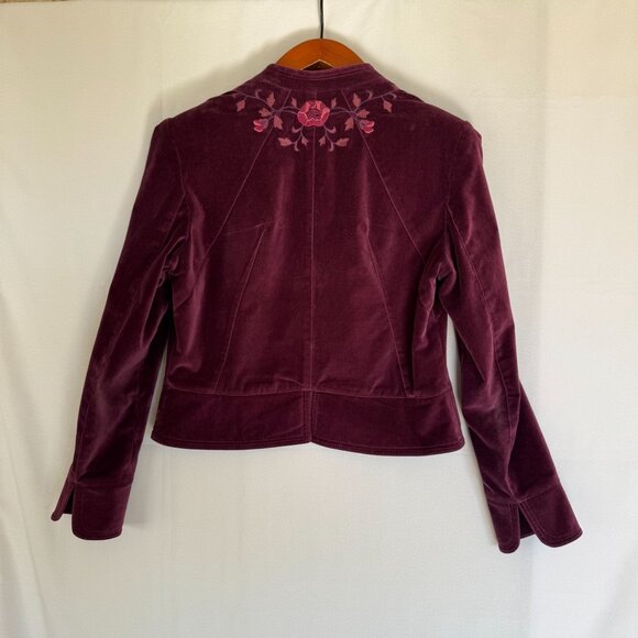 Lucky Brand Live In Love Burgundy Velvet Floral Embroidered Open Front Blazer - Picture 9 of 16